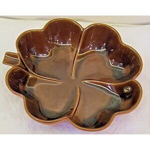 SOLD - Vintage Mid Century Modern Brown Orange Frankhoma Four Leaf Clover Dish